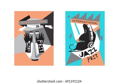 Colorful international jazz festival. Musicians, singers and musical instruments poster set flat vector illustration. Poster template for jazz and music events.