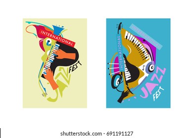 Colorful international jazz festival. Musicians, singers and musical instruments poster set flat vector illustration. Poster template for jazz and music events.