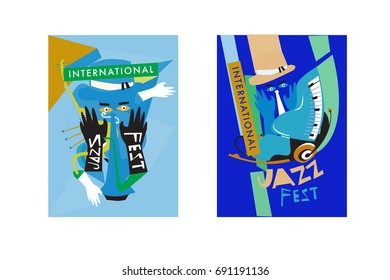 Colorful international jazz festival. Musicians, singers and musical instruments poster set flat vector illustration. Poster template for jazz and music events.