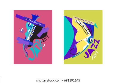 Colorful international jazz festival. Musicians, singers and musical instruments poster set flat vector illustration. Poster template for jazz and music events.