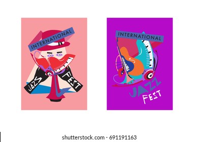 Colorful international jazz festival. Musicians, singers and musical instruments poster set flat vector illustration. Poster template for jazz and music events.