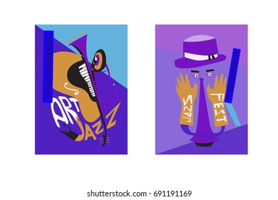 Colorful international jazz festival. Musicians, singers and musical instruments poster set flat vector illustration. Poster template for jazz and music events.