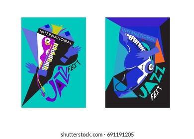 Colorful international jazz festival. Musicians, singers and musical instruments poster set flat vector illustration. Poster template for jazz and music events.
