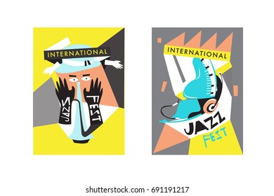 Colorful international jazz festival. Musicians, singers and musical instruments poster set flat vector illustration. Poster template for jazz and music events.