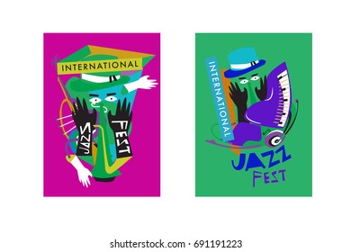 Colorful international jazz festival. Musicians, singers and musical instruments poster set flat vector illustration. Poster template for jazz and music events.