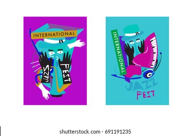 Colorful international jazz festival. Musicians, singers and musical instruments poster set flat vector illustration. Poster template for jazz and music events.