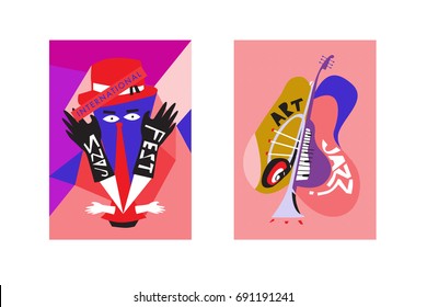 Colorful international jazz festival. Musicians, singers and musical instruments poster set flat vector illustration. Poster template for jazz and music events.