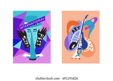 Colorful international jazz festival. Musicians, singers and musical instruments poster set flat vector illustration. Poster template for jazz and music events.