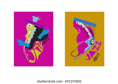 Colorful international jazz festival. Musicians, singers and musical instruments poster set flat vector illustration. Poster template for jazz and music events.