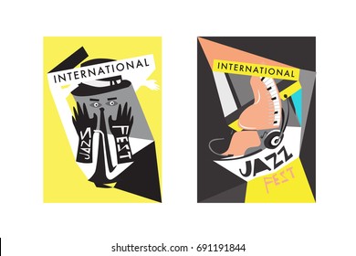 Colorful international jazz festival. Musicians, singers and musical instruments poster set flat vector illustration. Poster template for jazz and music events.