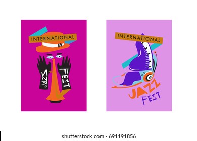 Colorful international jazz festival. Musicians, singers and musical instruments poster set flat vector illustration. Poster template for jazz and music events.