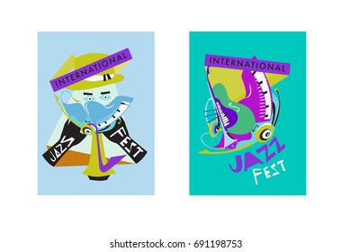 Colorful international jazz festival. Musicians, singers and musical instruments poster set flat vector illustration. Poster template for jazz and music events.