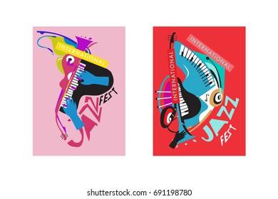Colorful international jazz festival. Musicians, singers and musical instruments poster set flat vector illustration. Poster template for jazz and music events.