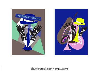 Colorful international jazz festival. Musicians, singers and musical instruments poster set flat vector illustration. Poster template for jazz and music events.