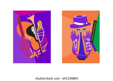 Colorful international jazz festival. Musicians, singers and musical instruments poster set flat vector illustration. Poster template for jazz and music events.