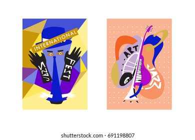 Colorful international jazz festival. Musicians, singers and musical instruments poster set flat vector illustration. Poster template for jazz and music events.
