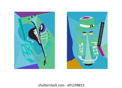 Colorful international jazz festival. Musicians, singers and musical instruments poster set flat vector illustration. Poster template for jazz and music events.