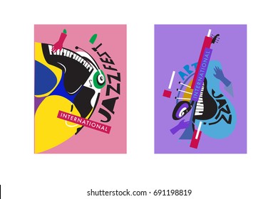 Colorful international jazz festival. Musicians, singers and musical instruments poster set flat vector illustration. Poster template for jazz and music events.