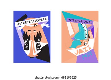 Colorful international jazz festival. Musicians, singers and musical instruments poster set flat vector illustration. Poster template for jazz and music events.