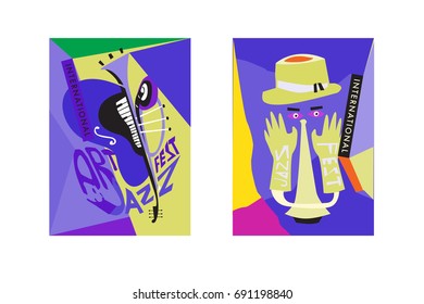 Colorful international jazz festival. Musicians, singers and musical instruments poster set flat vector illustration. Poster template for jazz and music events.