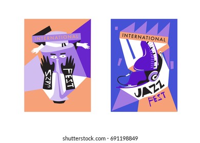 Colorful international jazz festival. Musicians, singers and musical instruments poster set flat vector illustration. Poster template for jazz and music events.