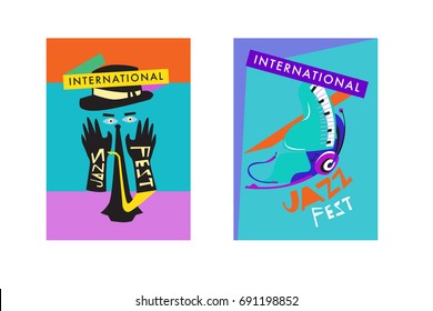 Colorful international jazz festival. Musicians, singers and musical instruments poster set flat vector illustration. Poster template for jazz and music events.