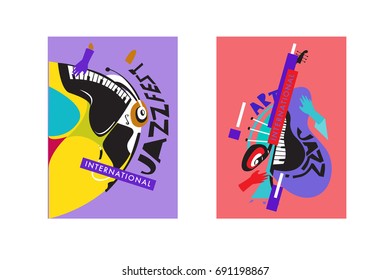 Colorful international jazz festival. Musicians, singers and musical instruments poster set flat vector illustration. Poster template for jazz and music events.