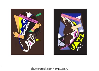 Colorful international jazz festival. Musicians, singers and musical instruments poster set flat vector illustration. Poster template for jazz and music events.