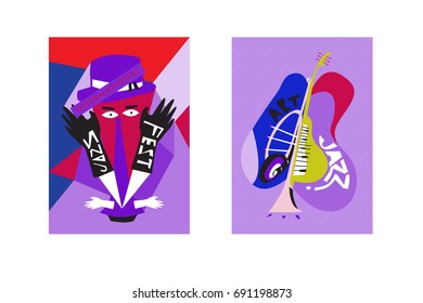 Colorful international jazz festival. Musicians, singers and musical instruments poster set flat vector illustration. Poster template for jazz and music events.