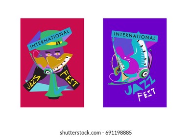 Colorful international jazz festival. Musicians, singers and musical instruments poster set flat vector illustration. Poster template for jazz and music events.