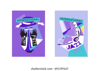 Colorful international jazz festival. Musicians, singers and musical instruments poster set flat vector illustration. Poster template for jazz and music events.
