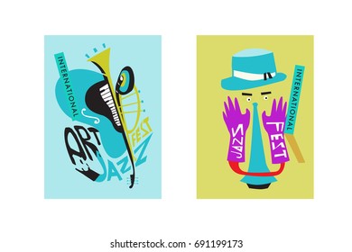 Colorful international jazz festival. Musicians, singers and musical instruments poster set flat vector illustration. Poster template for jazz and music events.
