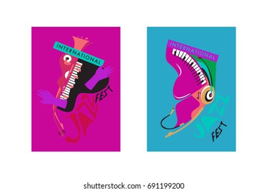 Colorful international jazz festival. Musicians, singers and musical instruments poster set flat vector illustration. Poster template for jazz and music events.

