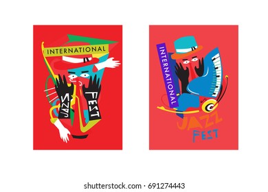 Colorful international jazz festival. Musicians, singers and musical instruments poster set flat vector illustration. Poster template for jazz and music events.