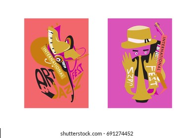 Colorful international jazz festival. Musicians, singers and musical instruments poster set flat vector illustration. Poster template for jazz and music events.