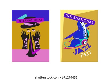 Colorful international jazz festival. Musicians, singers and musical instruments poster set flat vector illustration. Poster template for jazz and music events.