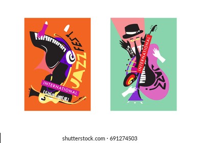 Colorful international jazz festival. Musicians, singers and musical instruments poster set flat vector illustration. Poster template for jazz and music events.