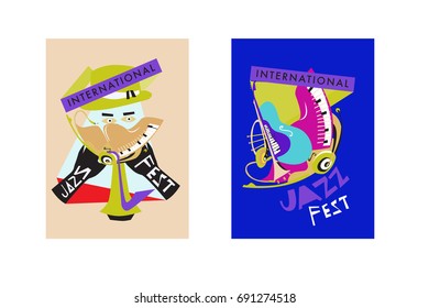 Colorful international jazz festival. Musicians, singers and musical instruments poster set flat vector illustration. Poster template for jazz and music events.