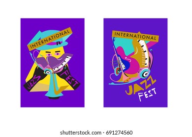 Colorful international jazz festival. Musicians, singers and musical instruments poster set flat vector illustration. Poster template for jazz and music events.