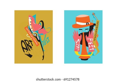 Colorful international jazz festival. Musicians, singers and musical instruments poster set flat vector illustration. Poster template for jazz and music events.