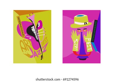Colorful international jazz festival. Musicians, singers and musical instruments poster set flat vector illustration. Poster template for jazz and music events.