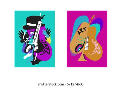 Colorful international jazz festival. Musicians, singers and musical instruments poster set flat vector illustration. Poster template for jazz and music events.