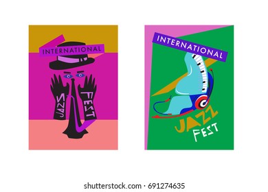 Colorful international jazz festival. Musicians, singers and musical instruments poster set flat vector illustration. Poster template for jazz and music events.