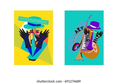 Colorful international jazz festival. Musicians, singers and musical instruments poster set flat vector illustration. Poster template for jazz and music events.