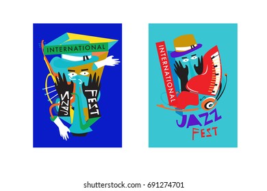 Colorful international jazz festival. Musicians, singers and musical instruments poster set flat vector illustration. Poster template for jazz and music events.