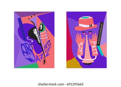 Colorful international jazz festival. Musicians, singers and musical instruments poster set flat vector illustration. Poster template for jazz and music events.