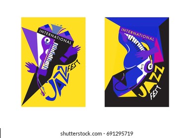 Colorful international jazz festival. Musicians, singers and musical instruments poster set flat vector illustration. Poster template for jazz and music events.