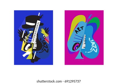 Colorful international jazz festival. Musicians, singers and musical instruments poster set flat vector illustration. Poster template for jazz and music events.