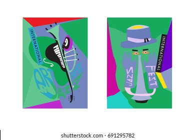Colorful international jazz festival. Musicians, singers and musical instruments poster set flat vector illustration. Poster template for jazz and music events.