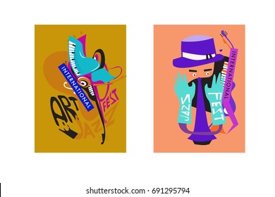 Colorful international jazz festival. Musicians, singers and musical instruments poster set flat vector illustration. Poster template for jazz and music events.